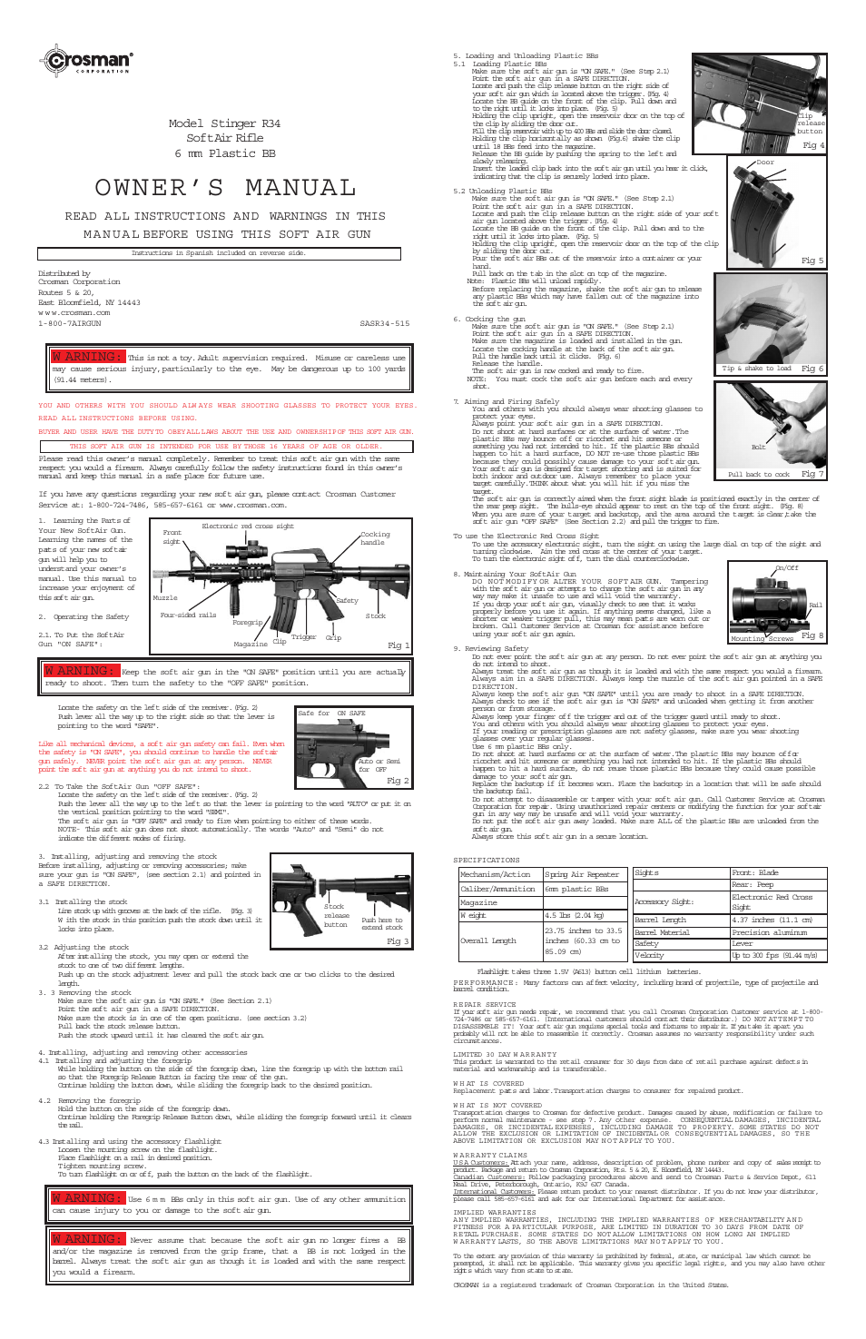 Owner’s manual, W arning, Model stinger r34 soft air rifle 6 mm plastic bb | Crosman SASR34 User Manual | Page 2 / 2