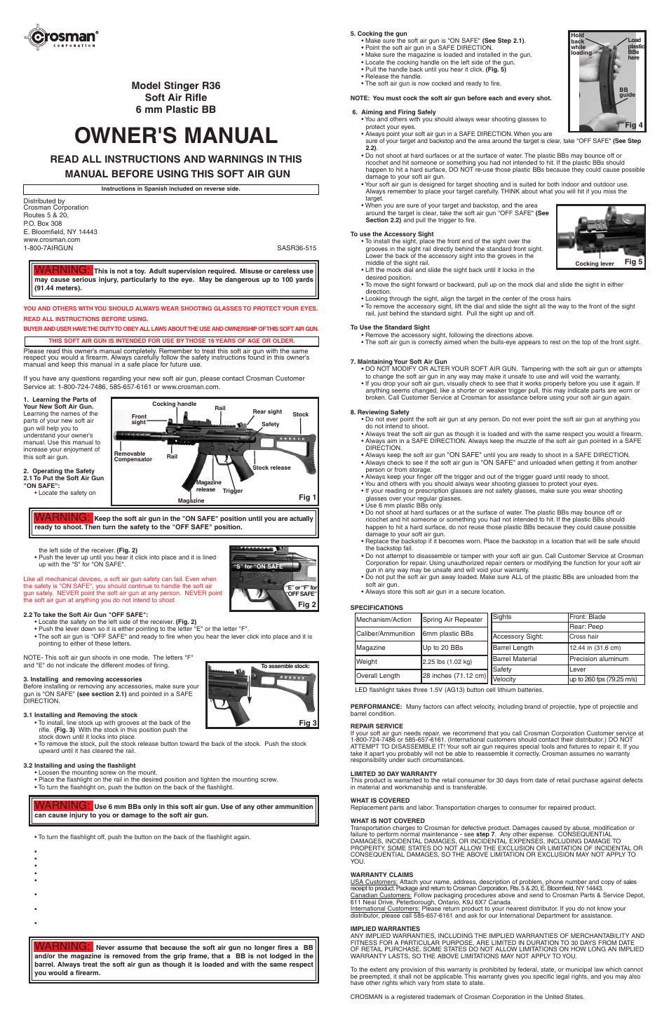 Owner's manual, Warning, Model stinger r36 soft air rifle 6 mm plastic bb | Crosman SASR36 User Manual | Page 2 / 2
