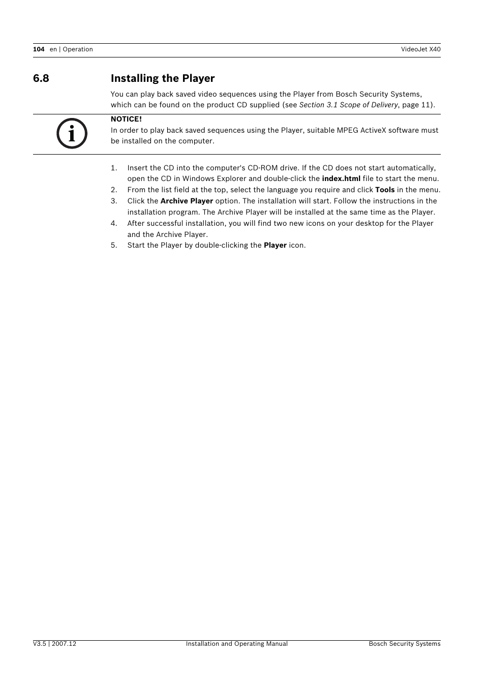 8 installing the player, Installing the player | Bosch VIDEOJET X40 User Manual | Page 104 / 130