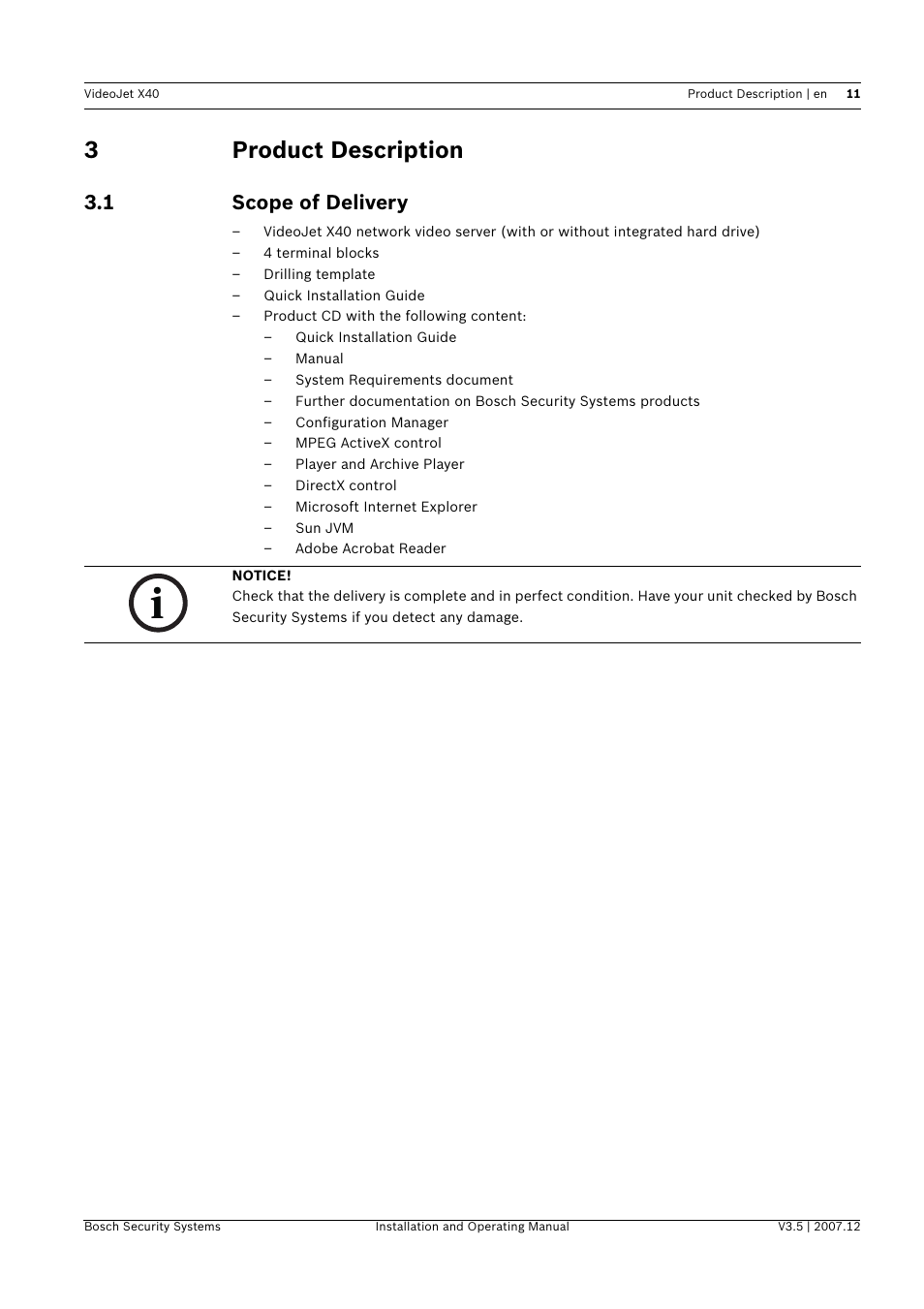 3 product description, 1 scope of delivery, Product description | Scope of delivery, 3product description | Bosch VIDEOJET X40 User Manual | Page 11 / 130