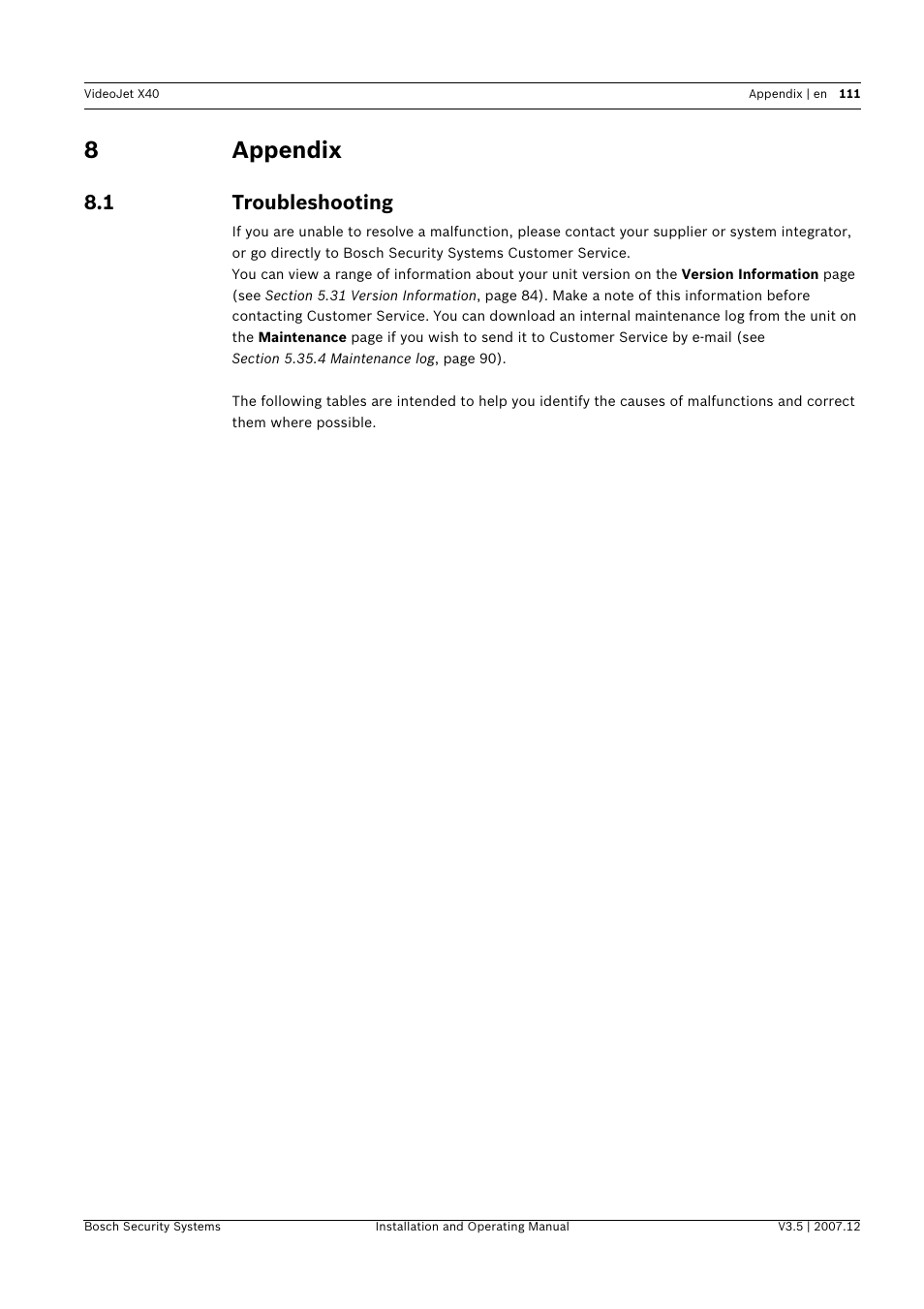 8 appendix, 1 troubleshooting, Appendix | Troubleshooting, 8appendix | Bosch VIDEOJET X40 User Manual | Page 111 / 130