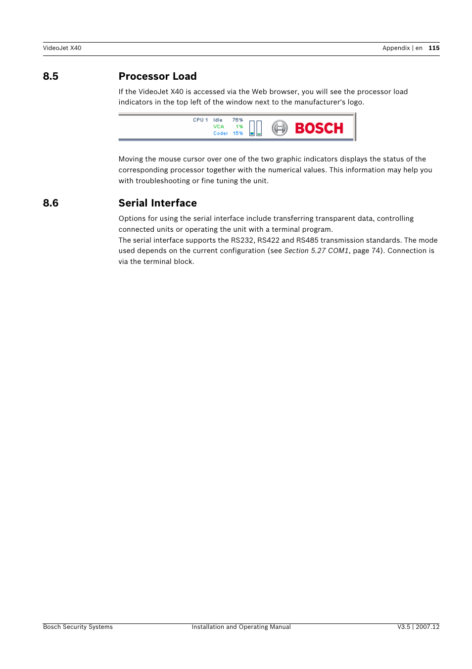 5 processor load, 6 serial interface, Processor load | Serial interface | Bosch VIDEOJET X40 User Manual | Page 115 / 130