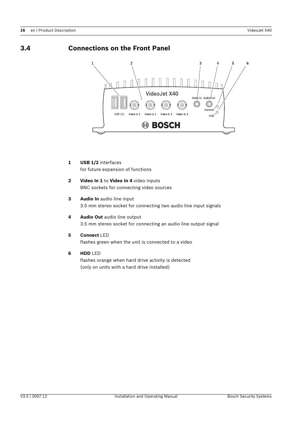 4 connections on the front panel, Connections on the front panel | Bosch VIDEOJET X40 User Manual | Page 16 / 130