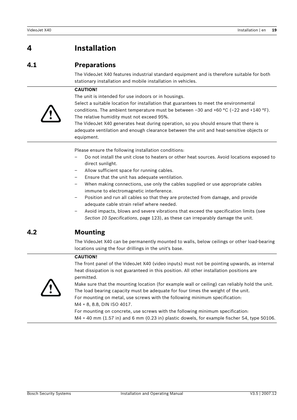 4 installation, 1 preparations, 2 mounting | Installation, Preparations, Mounting, 4installation | Bosch VIDEOJET X40 User Manual | Page 19 / 130