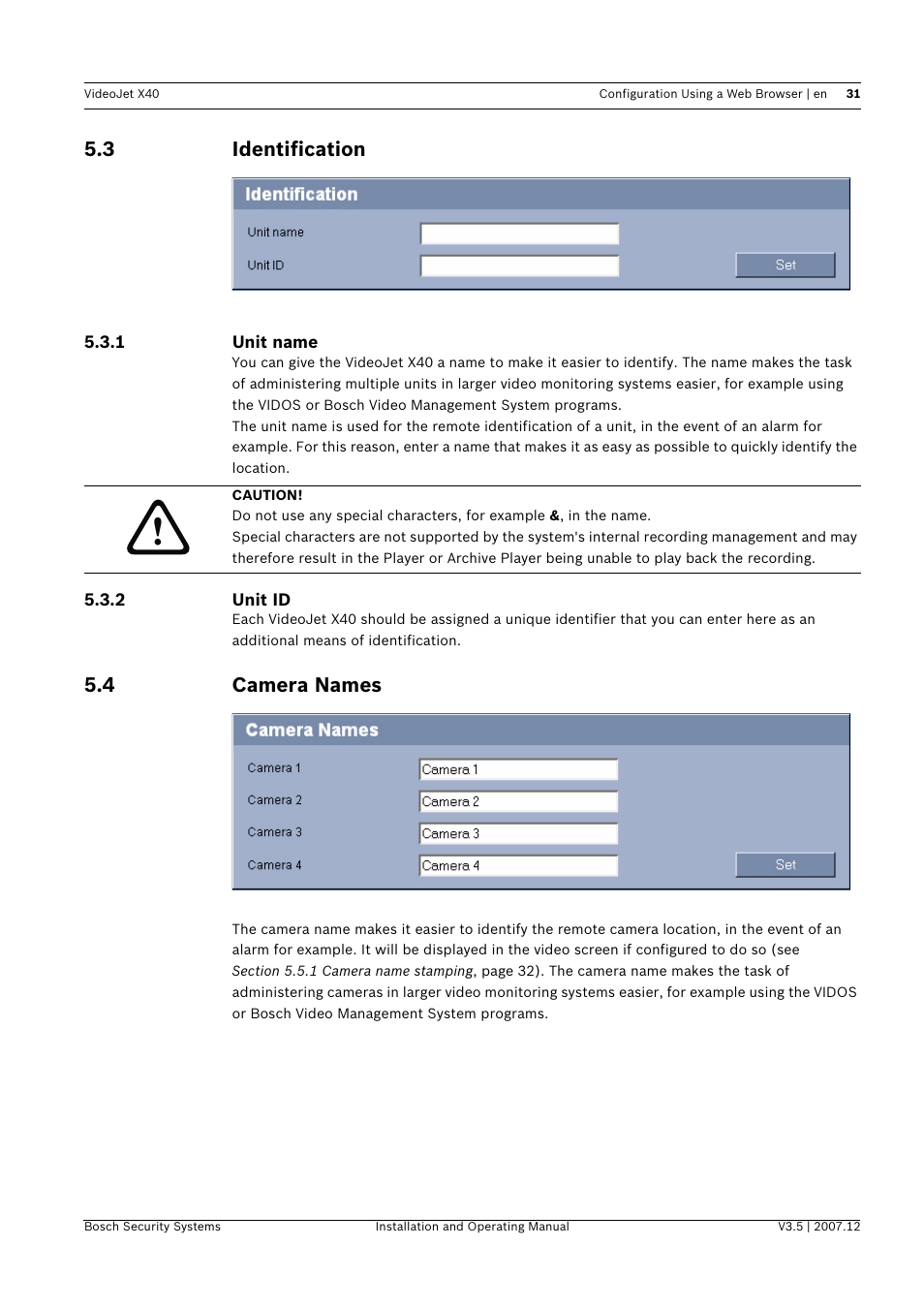 3 identification, 4 camera names, Identification | Camera names | Bosch VIDEOJET X40 User Manual | Page 31 / 130