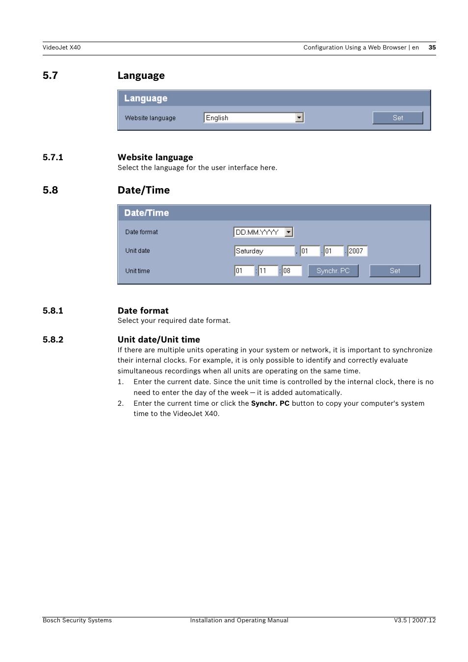 7 language, 8 date/time, Language | Date/time | Bosch VIDEOJET X40 User Manual | Page 35 / 130