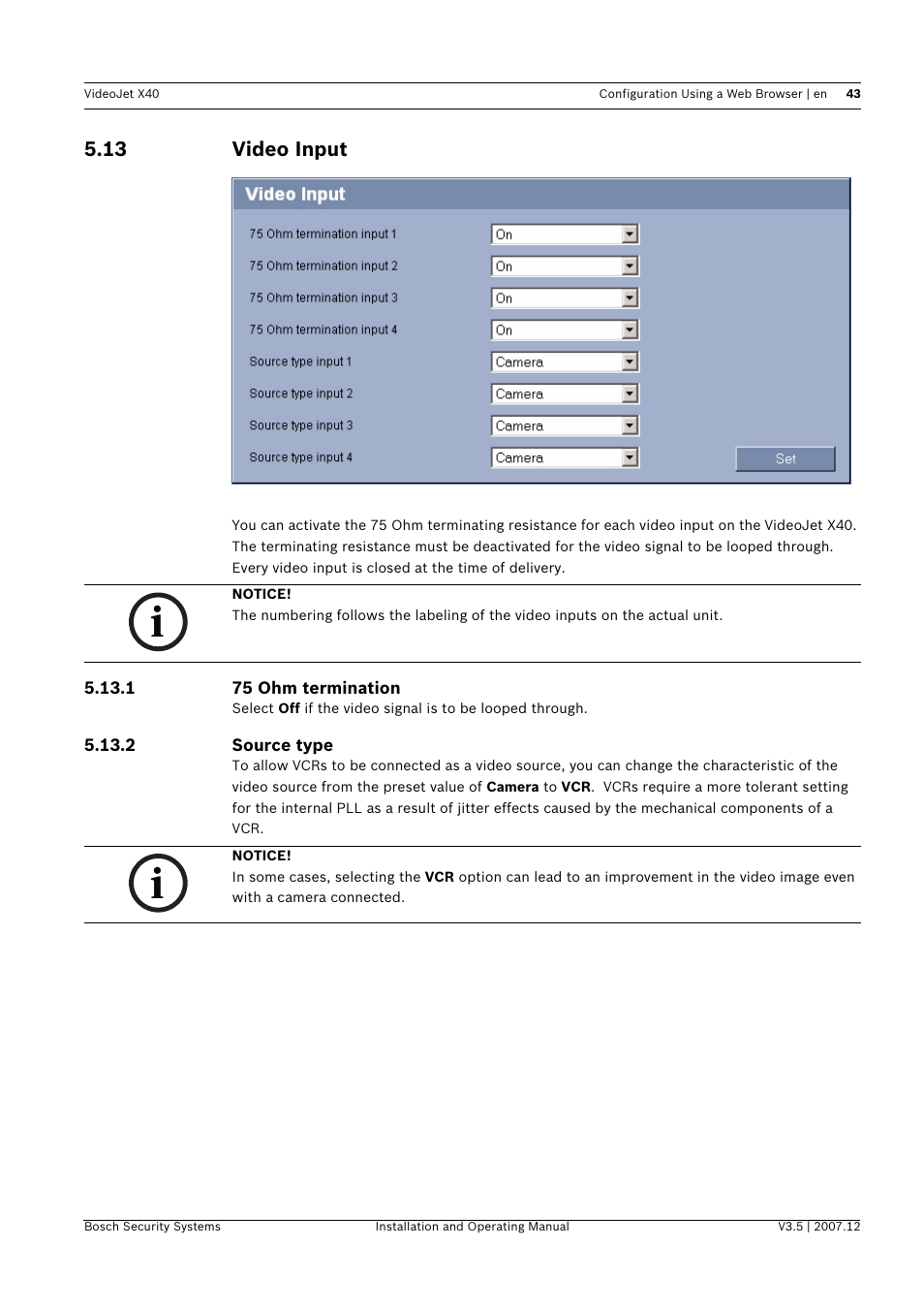 13 video input, Video input | Bosch VIDEOJET X40 User Manual | Page 43 / 130