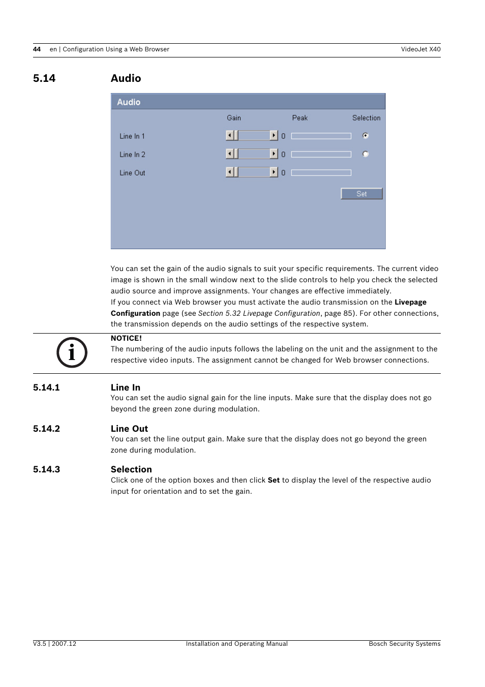 14 audio, Audio | Bosch VIDEOJET X40 User Manual | Page 44 / 130