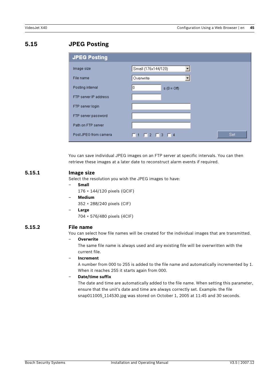 15 jpeg posting, Jpeg posting | Bosch VIDEOJET X40 User Manual | Page 45 / 130