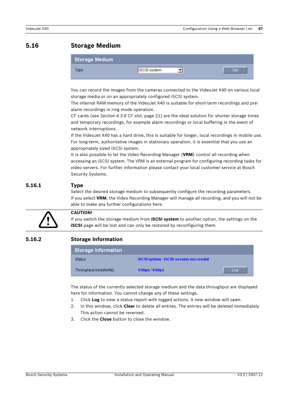 16 storage medium, Storage medium | Bosch VIDEOJET X40 User Manual | Page 47 / 130