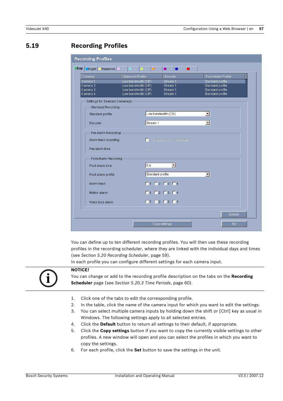 19 recording profiles, Recording profiles | Bosch VIDEOJET X40 User Manual | Page 57 / 130