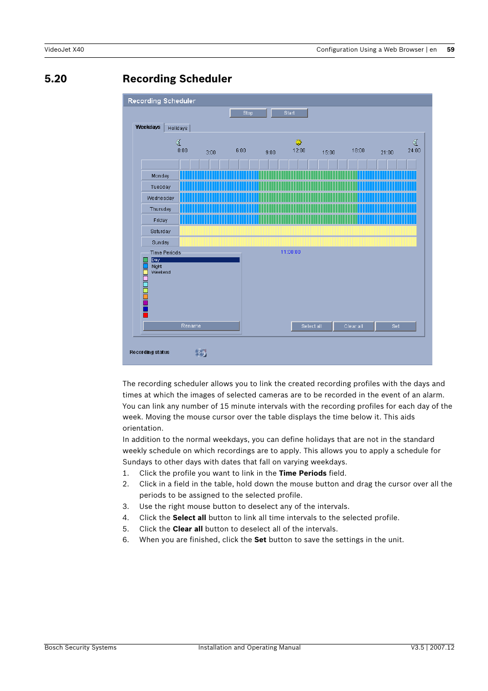 20 recording scheduler, Recording scheduler | Bosch VIDEOJET X40 User Manual | Page 59 / 130