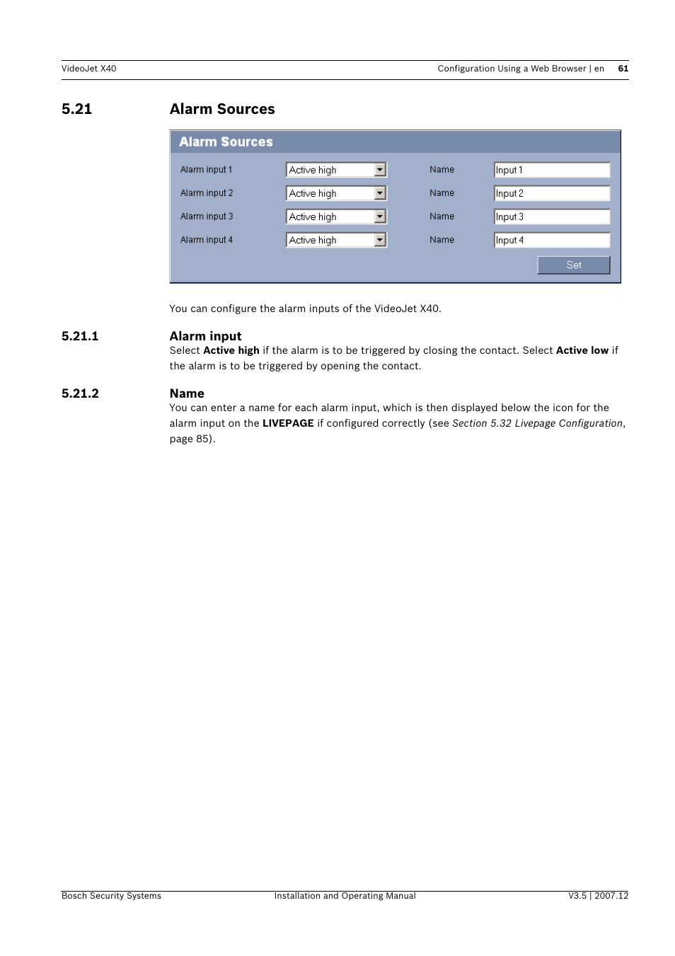 21 alarm sources, Alarm sources | Bosch VIDEOJET X40 User Manual | Page 61 / 130