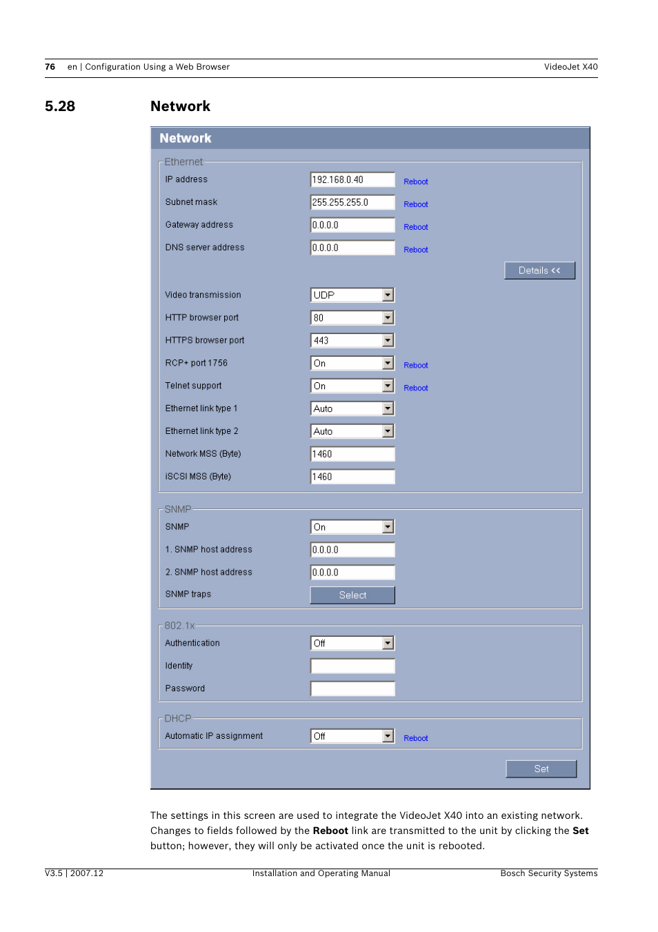 28 network, Network | Bosch VIDEOJET X40 User Manual | Page 76 / 130