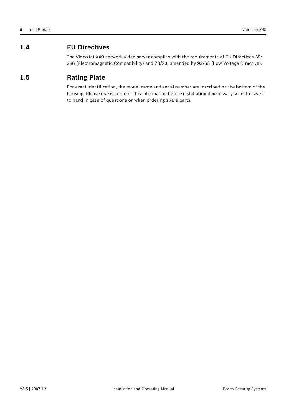 4 eu directives, 5 rating plate, Eu directives | Rating plate | Bosch VIDEOJET X40 User Manual | Page 8 / 130