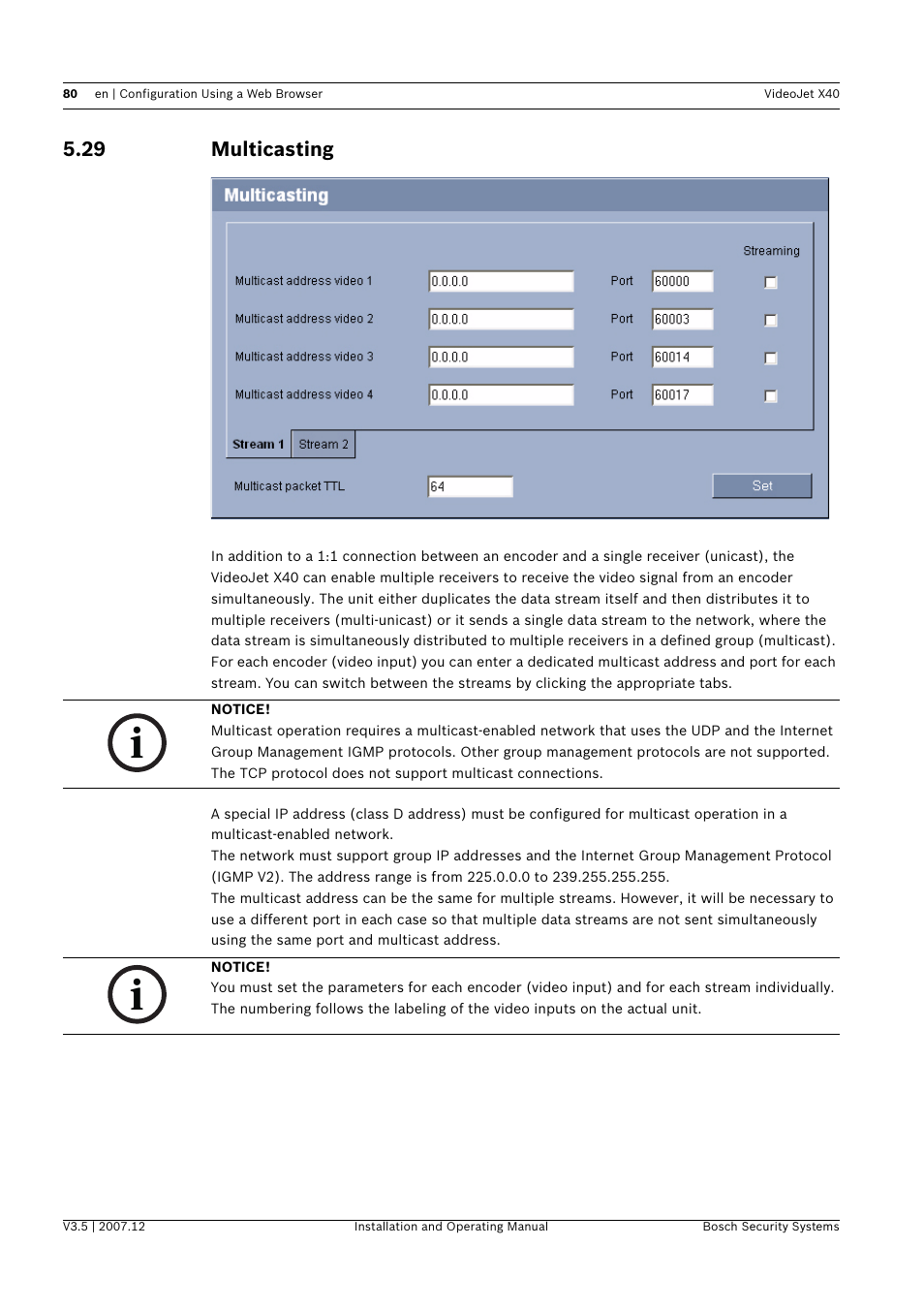 29 multicasting, Multicasting | Bosch VIDEOJET X40 User Manual | Page 80 / 130