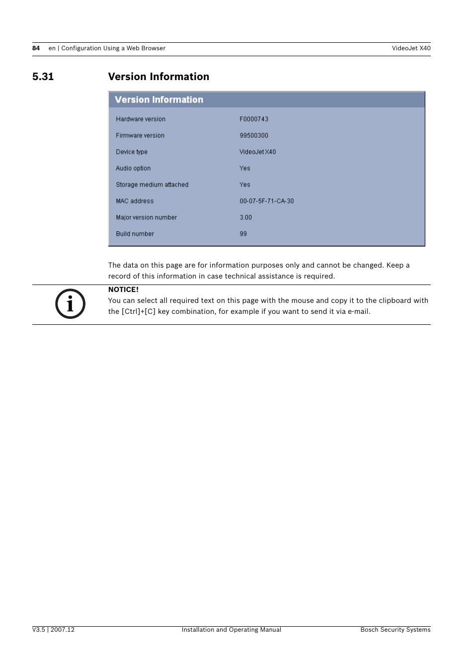 31 version information, Version information | Bosch VIDEOJET X40 User Manual | Page 84 / 130