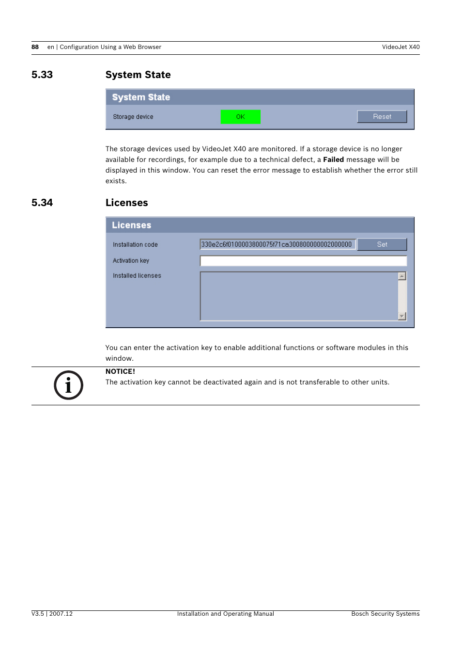 33 system state, 34 licenses, System state | Licenses | Bosch VIDEOJET X40 User Manual | Page 88 / 130