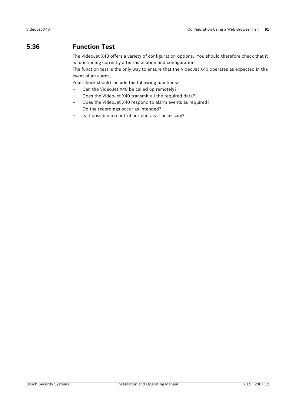 36 function test, Function test | Bosch VIDEOJET X40 User Manual | Page 91 / 130