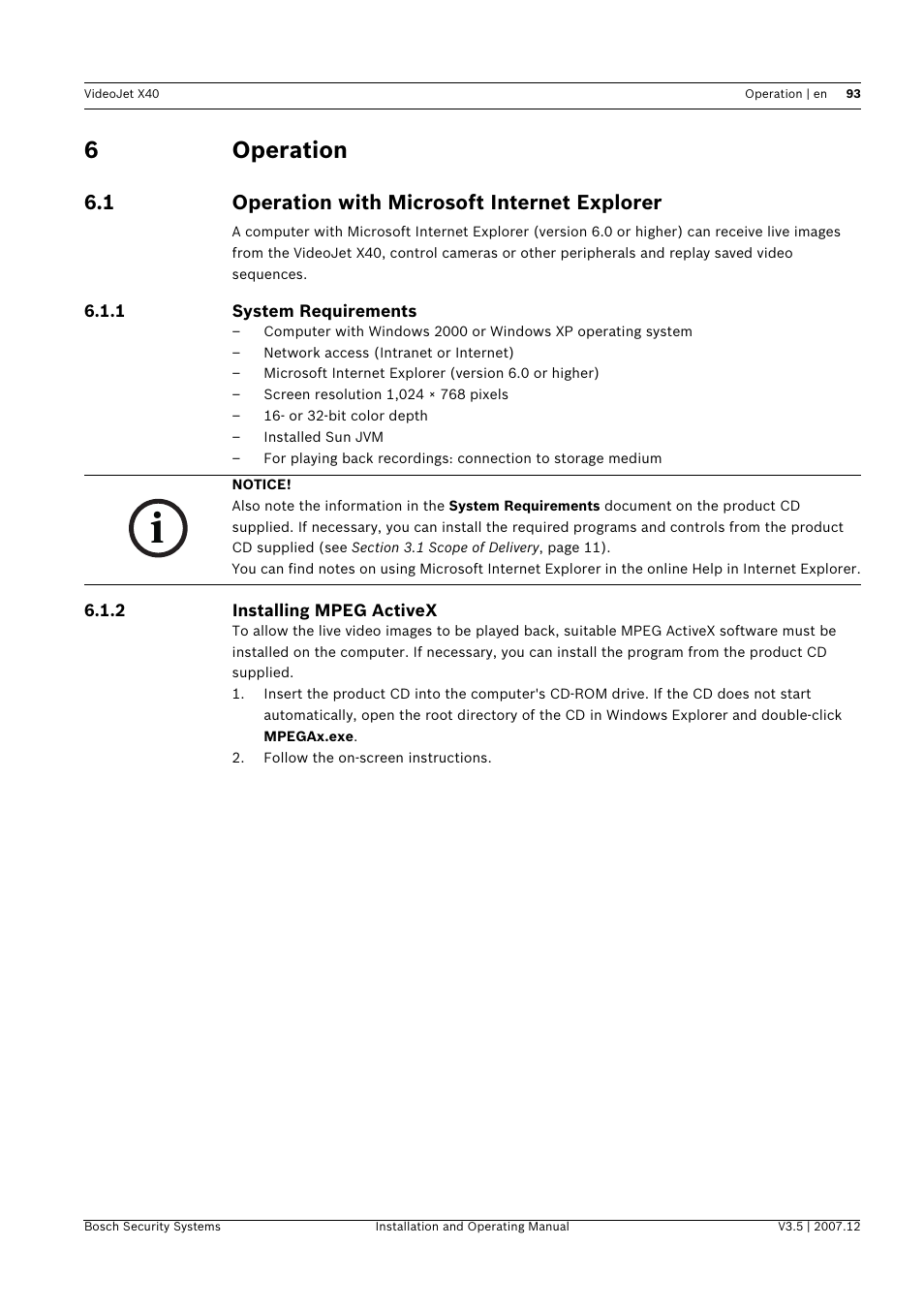 6 operation, 1 operation with microsoft internet explorer, Operation | Operation with microsoft internet explorer, 6operation | Bosch VIDEOJET X40 User Manual | Page 93 / 130