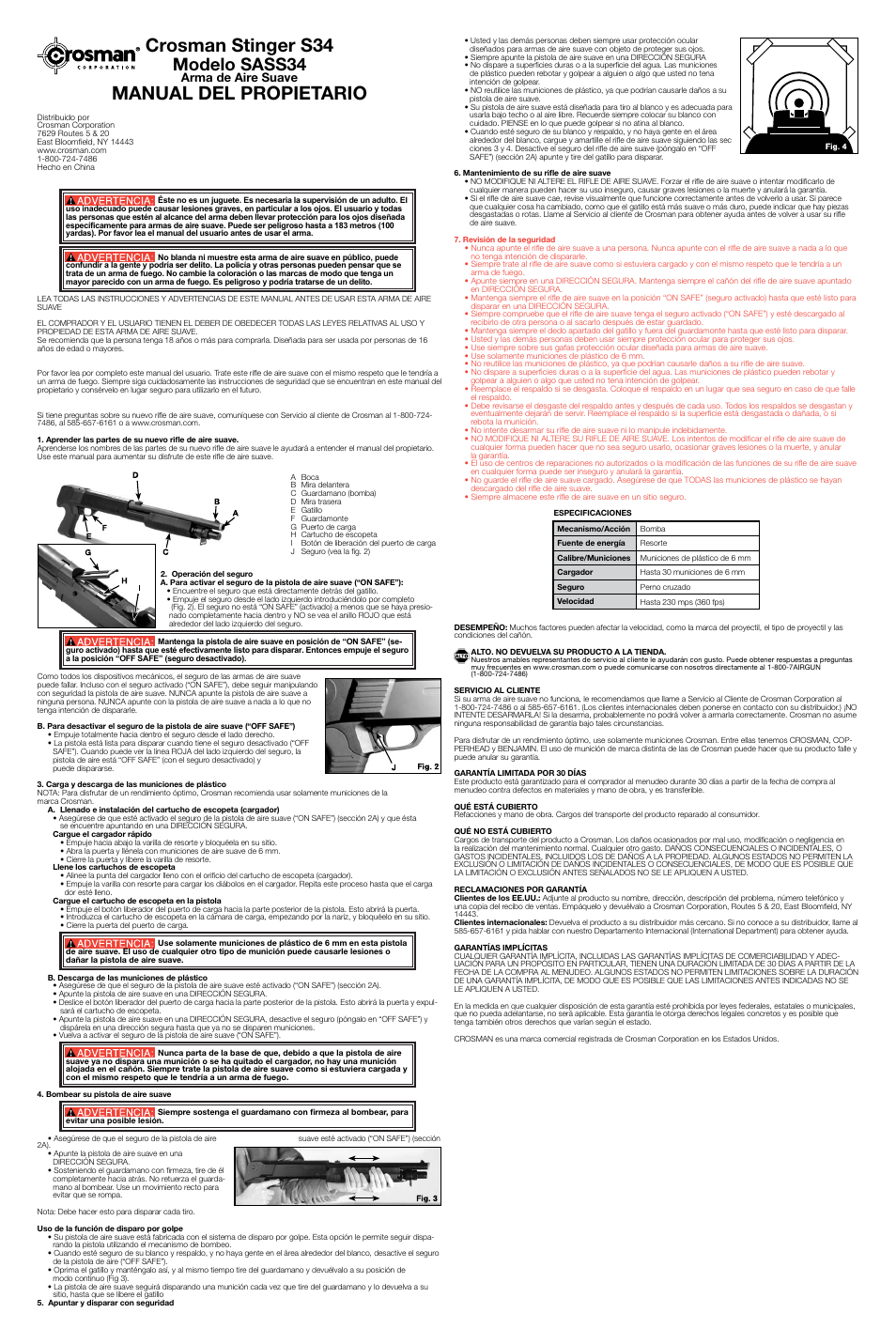 Crosman stinger s34, Manual del propietario, Modelo sass34 | Arma de aire suave | Crosman SASS34 User Manual | Page 2 / 3
