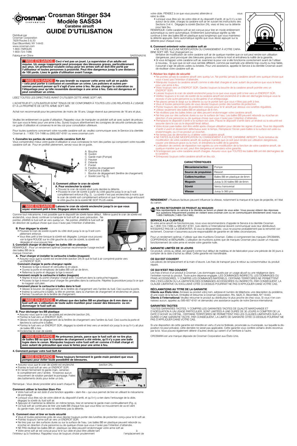 Crosman stinger s34, Guide d’utilisation, Modèle sass34 | Carabine airsoft | Crosman SASS34 User Manual | Page 3 / 3