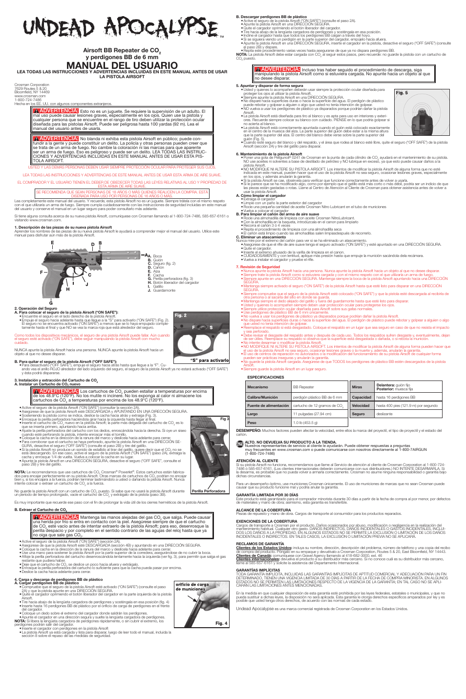 Manual del usuario, Airsoft bb repeater de co, Y perdigones bb de 6 mm | Advertencia | Crosman TACZ11 User Manual | Page 2 / 2