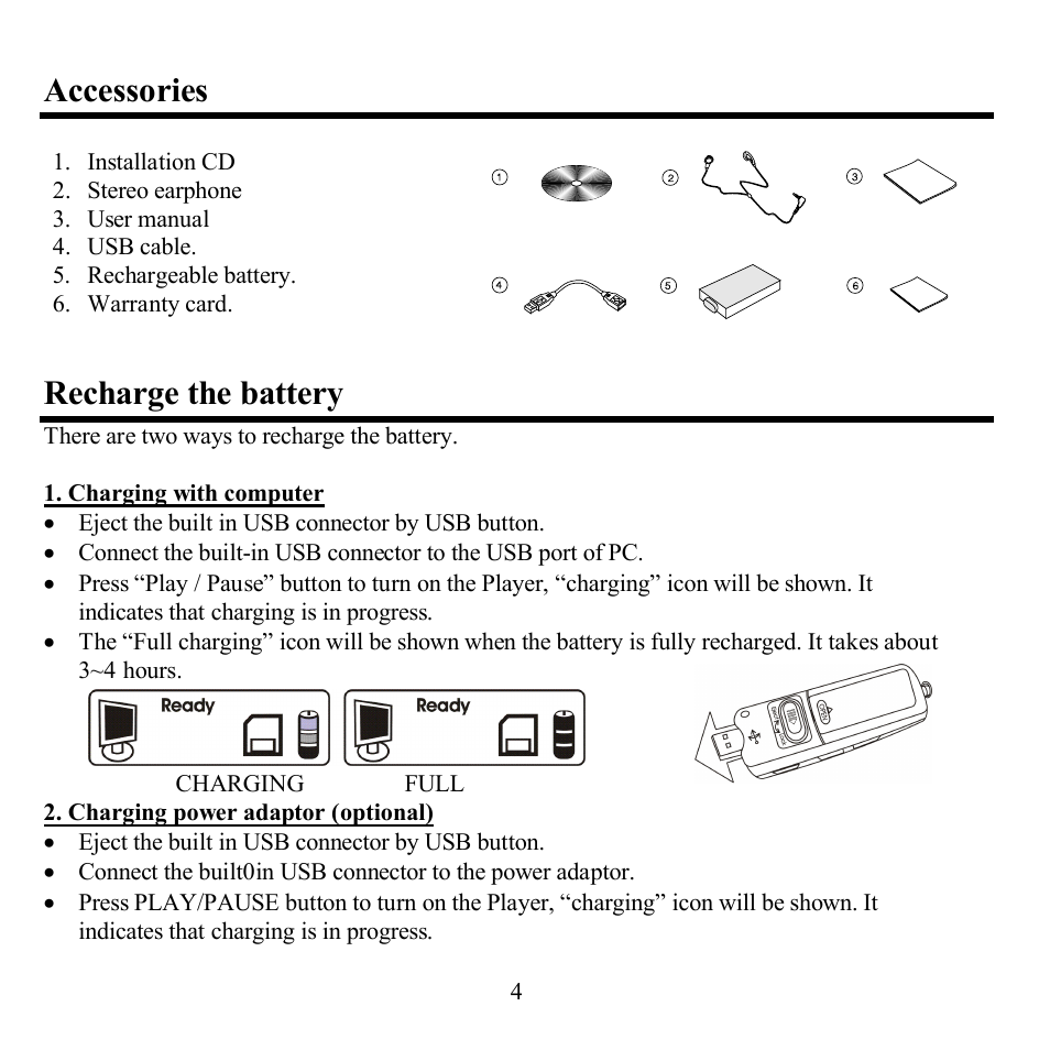 Accessories, Recharge the battery | Hyundai H-F1380 User Manual | Page 4 / 64