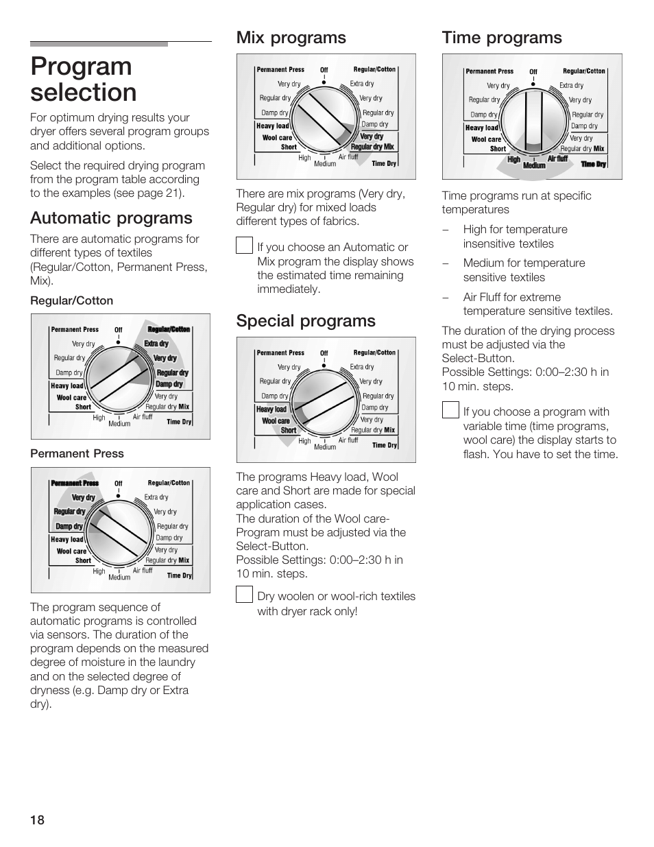 Program selection, Automatic programs, Mix programs | Special programs, Time programs | Bosch WTMC 652SUC User Manual | Page 18 / 96