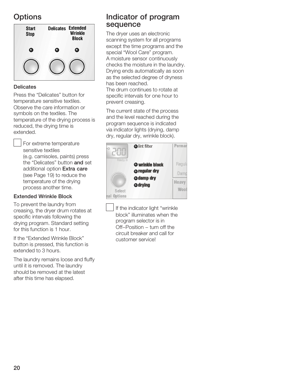 Options, Indicator of program sequence | Bosch WTMC 652SUC User Manual | Page 20 / 96