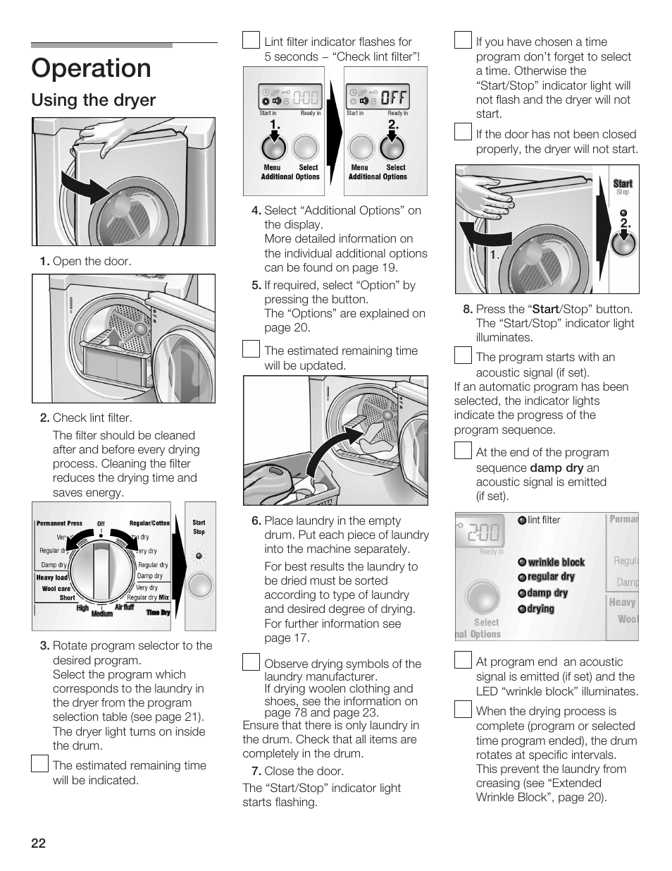 Operation, Using the dryer | Bosch WTMC 652SUC User Manual | Page 22 / 96