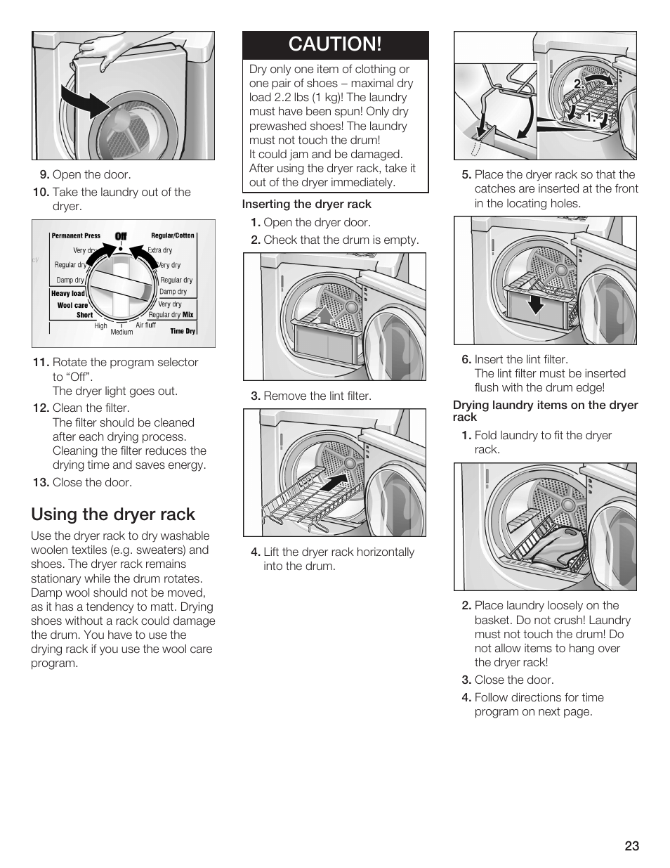 Caution, Using the dryer rack | Bosch WTMC 652SUC User Manual | Page 23 / 96