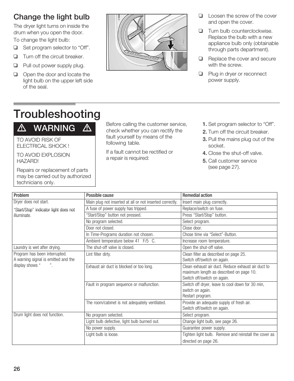 Troubleshooting, Warning, Change the light bulb | Bosch WTMC 652SUC User Manual | Page 26 / 96