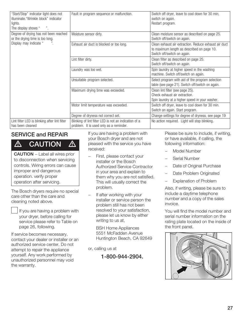 Caution, Service and repair | Bosch WTMC 652SUC User Manual | Page 27 / 96