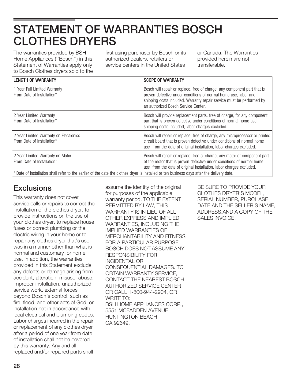 Statement of warranties bosch clothes dryers, Exclusions | Bosch WTMC 652SUC User Manual | Page 28 / 96