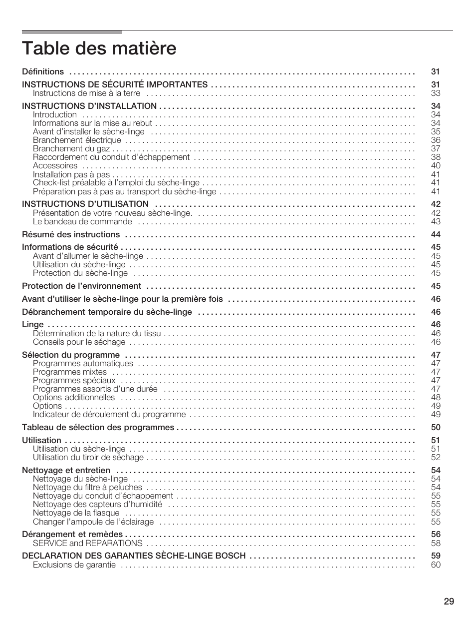Table des matière | Bosch WTMC 652SUC User Manual | Page 29 / 96