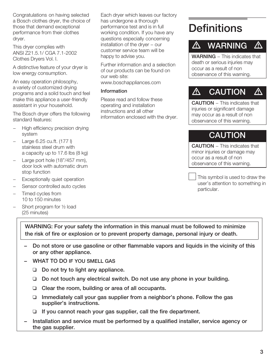 Definitions, Warning, Caution | Bosch WTMC 652SUC User Manual | Page 3 / 96