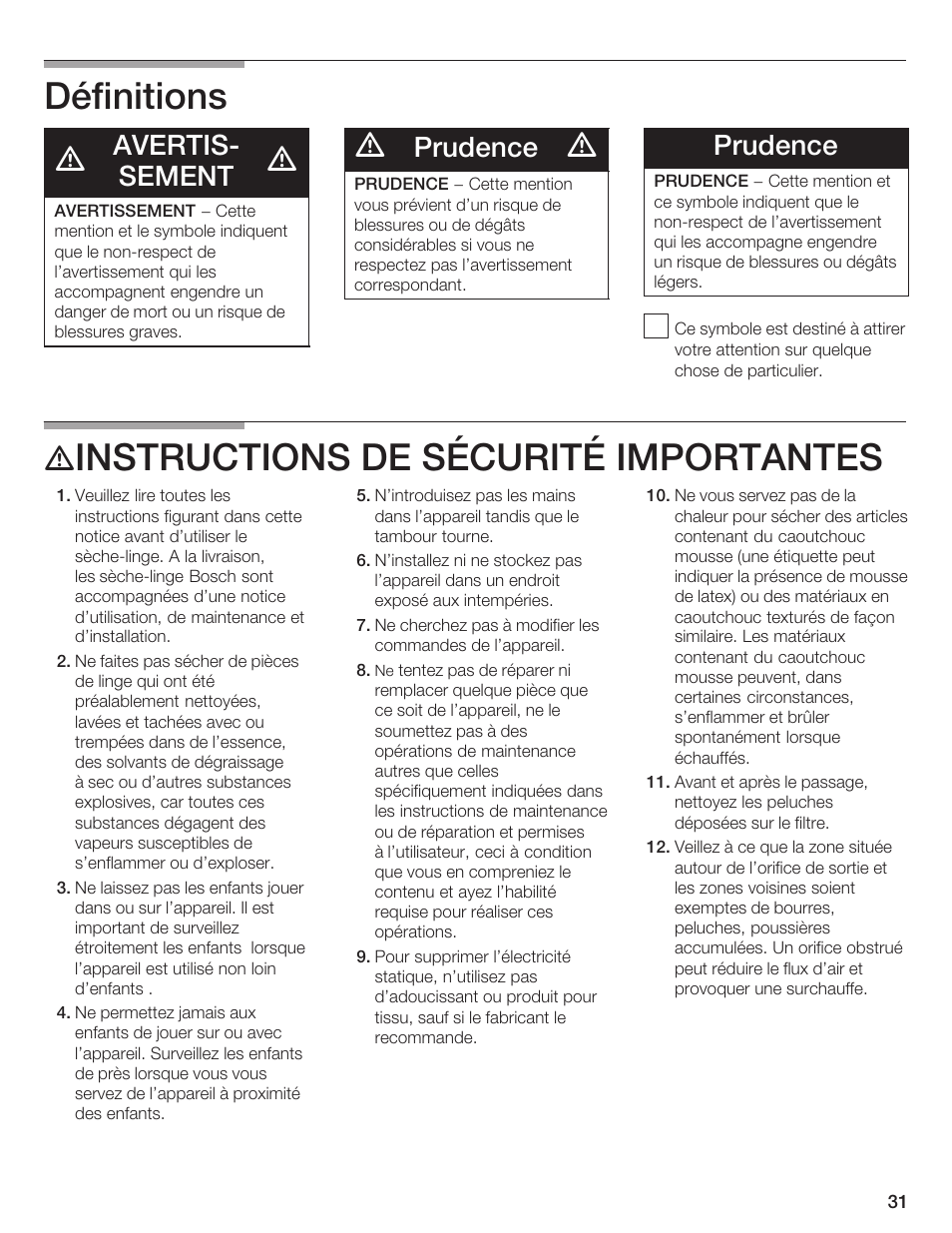 Définitions, Instructions de sécurité importantes, Avertisć sement | Prudence | Bosch WTMC 652SUC User Manual | Page 31 / 96