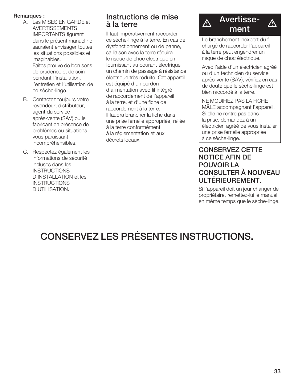 Conservez les présentes instructions, Avertisseć ment, Instructions de mise à la terre | Bosch WTMC 652SUC User Manual | Page 33 / 96