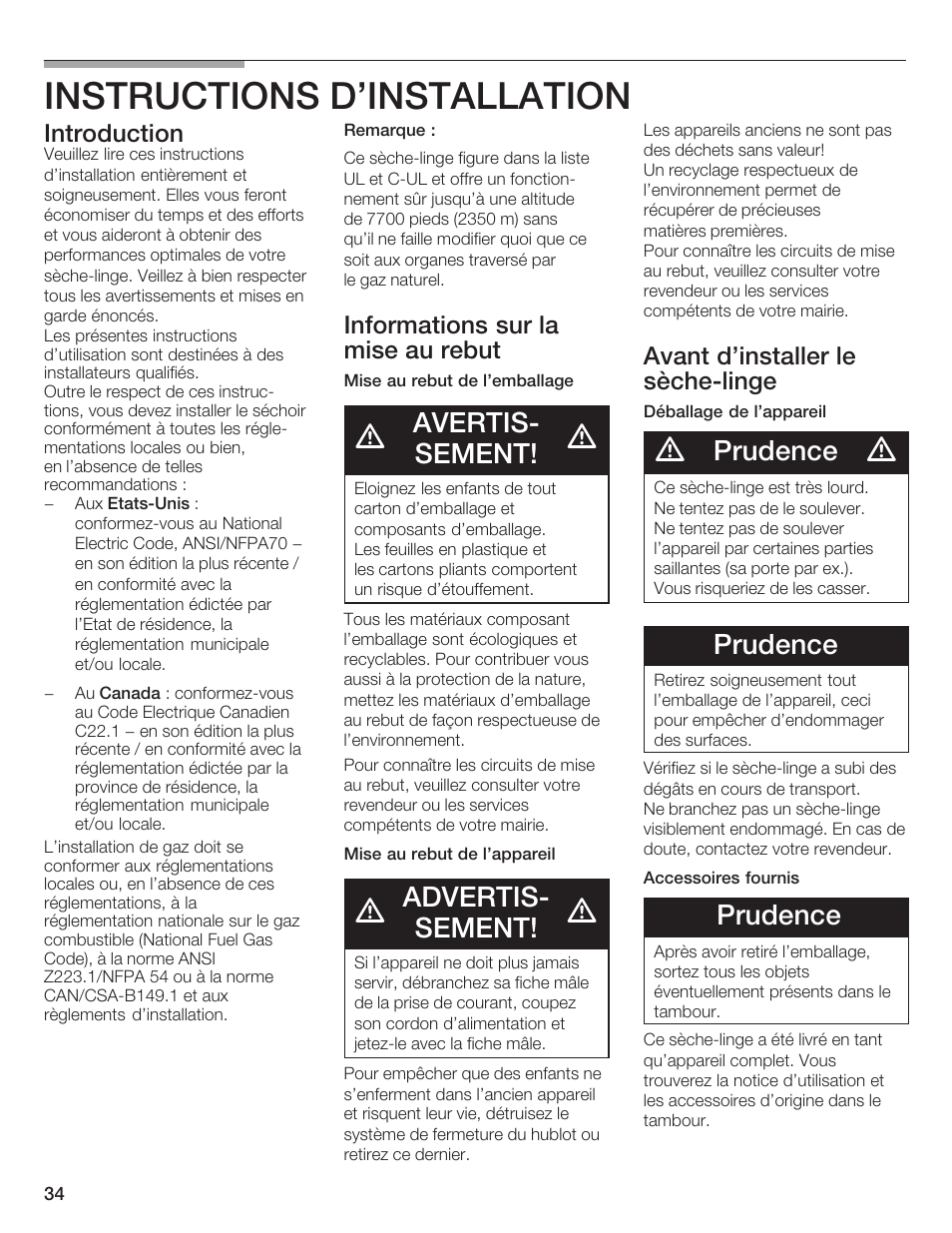 Instructions d'installation, Avertisć sement, Advertisć sement | Prudence, Introduction, Informations sur la mise au rebut, Avant d'installer le sèchećlinge | Bosch WTMC 652SUC User Manual | Page 34 / 96