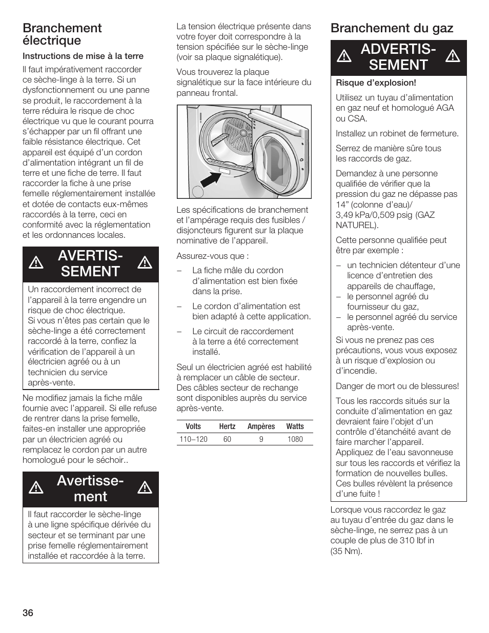 Avertisć sement, Avertisseć ment, Advertisć sement | Branchement électrique, Branchement du gaz | Bosch WTMC 652SUC User Manual | Page 36 / 96