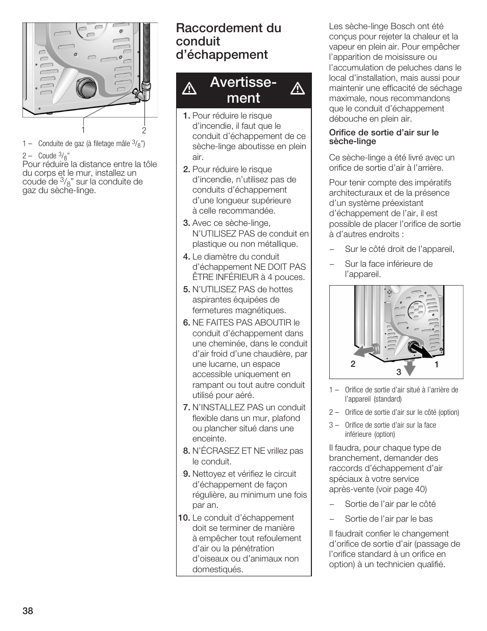 Avertisseć ment, Raccordement du conduit d'échappement | Bosch WTMC 652SUC User Manual | Page 38 / 96
