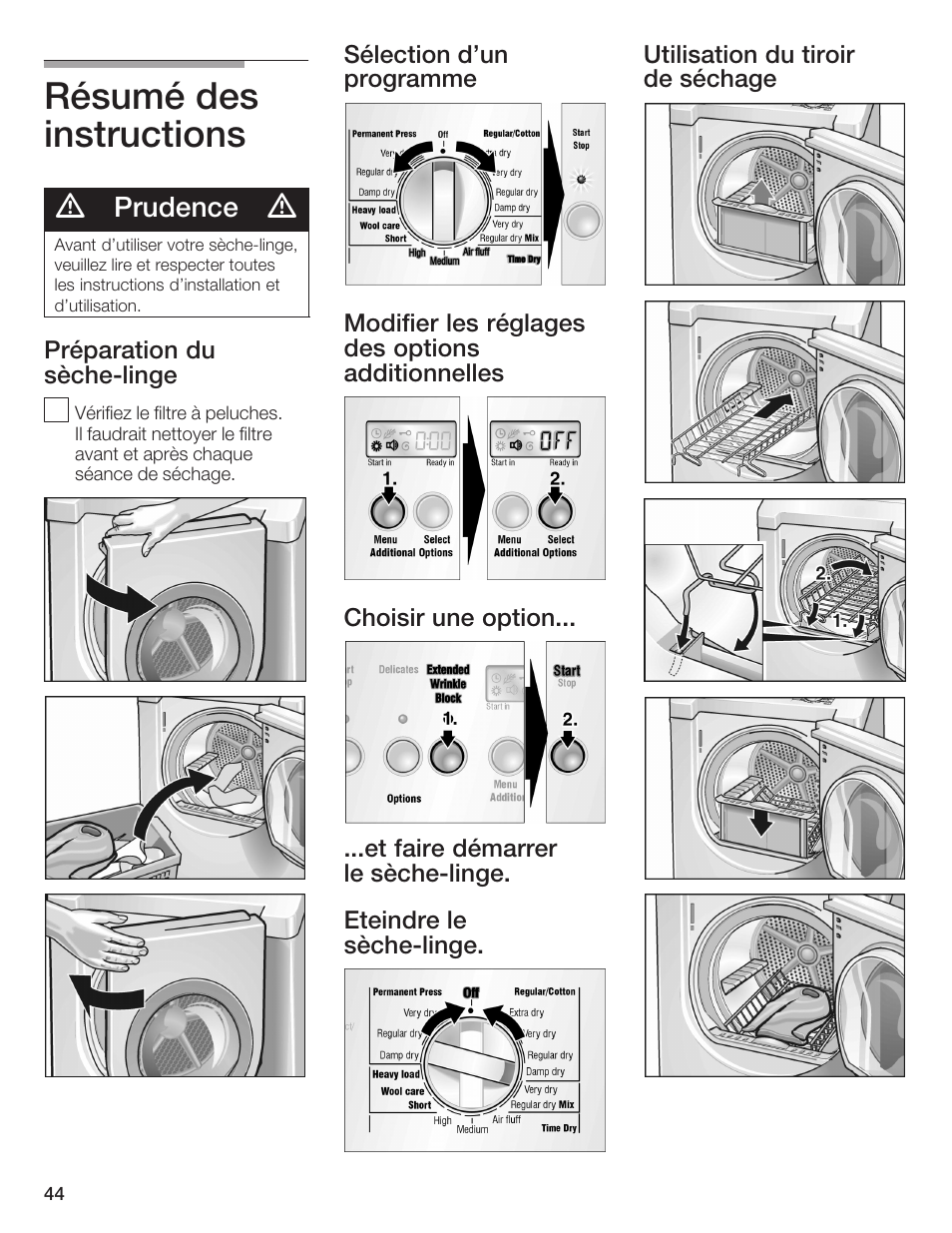 Résumé des instructions, Prudence | Bosch WTMC 652SUC User Manual | Page 44 / 96