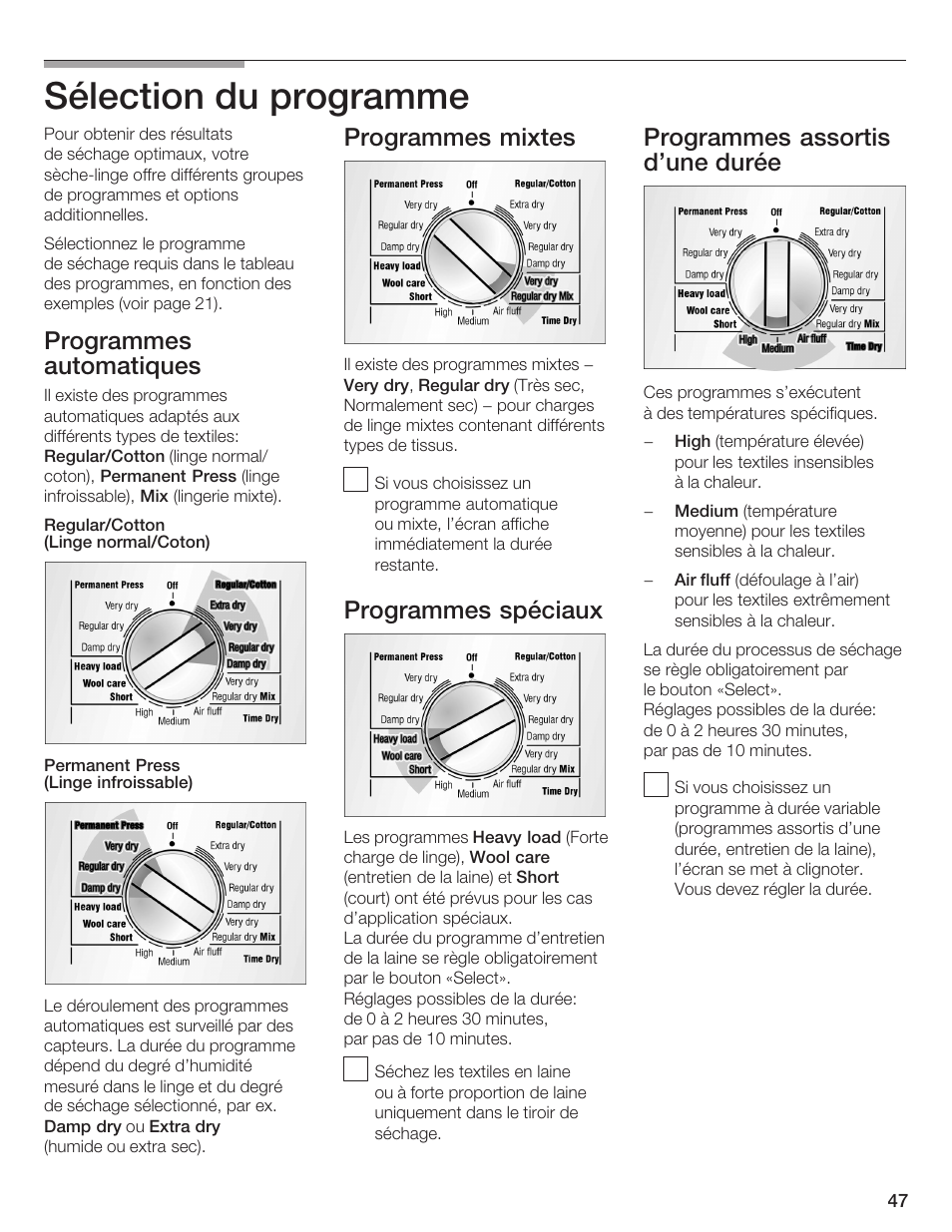 Sélection du programme, Programmes automatiques, Programmes mixtes | Programmes spéciaux, Programmes assortis d'une durée | Bosch WTMC 652SUC User Manual | Page 47 / 96