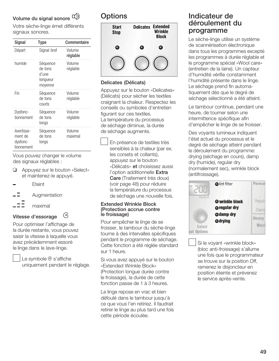 Options, Indicateur de déroulement du programme | Bosch WTMC 652SUC User Manual | Page 49 / 96