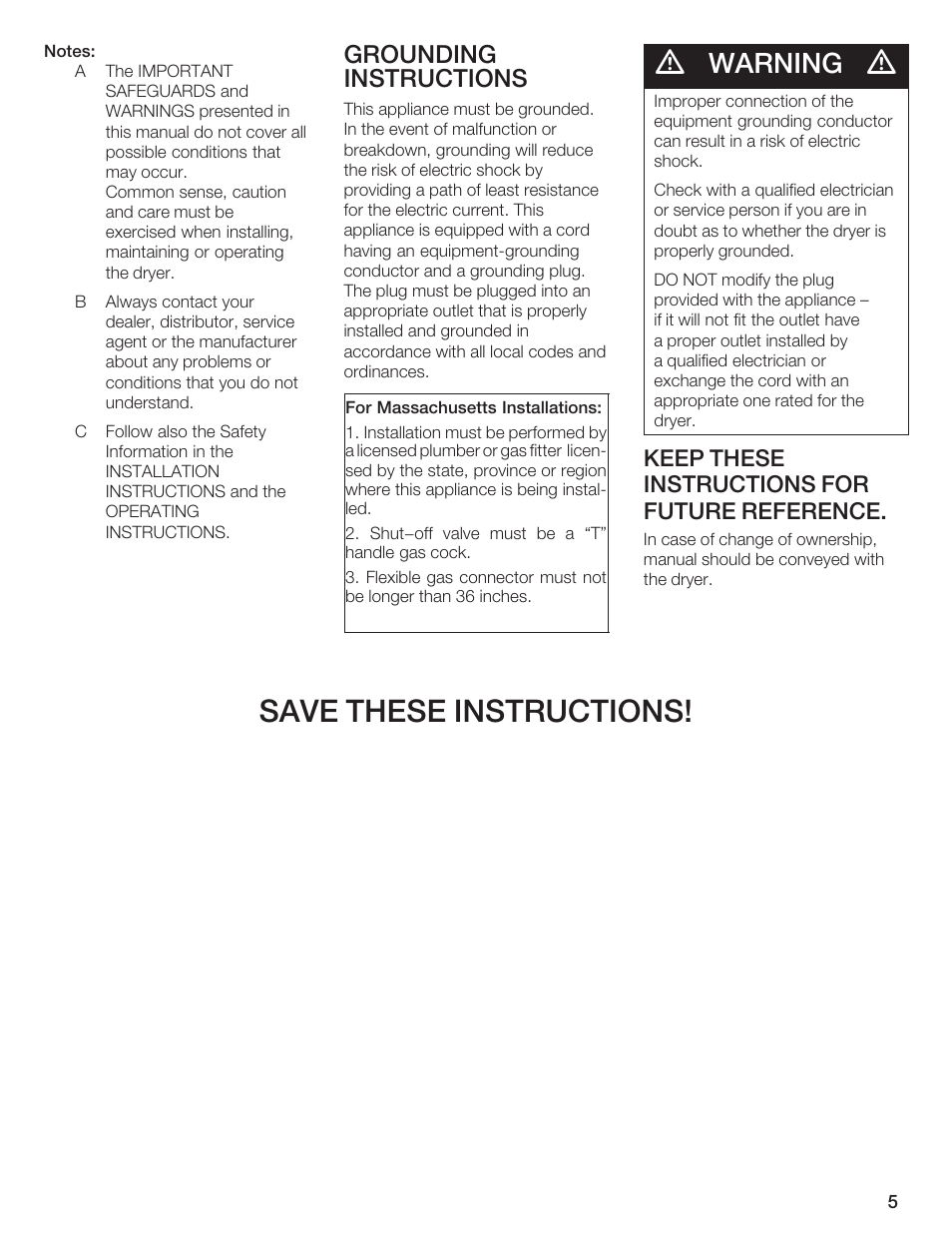 Save these instructions, Warning, Grounding instructions | Keep these instructions for future reference | Bosch WTMC 652SUC User Manual | Page 5 / 96