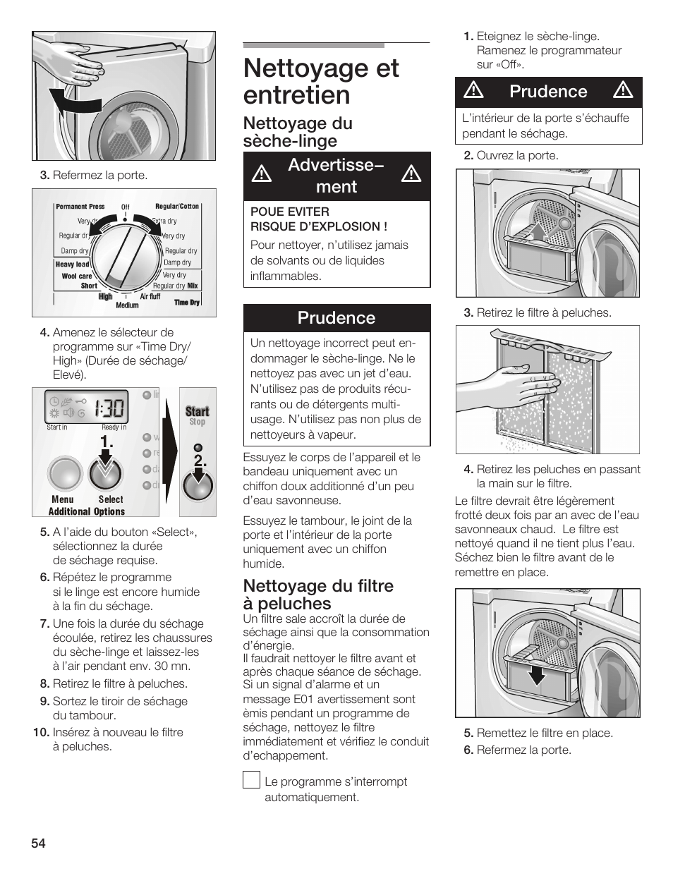 Nettoyage et entretien, Nettoyage du sèchećlinge, Advertisse- ment | Prudence, Nettoyage du filtre à peluches | Bosch WTMC 652SUC User Manual | Page 54 / 96