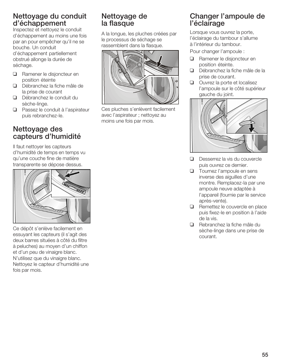 Nettoyage du conduit d'échappement, Nettoyage des capteurs d'humidité, Nettoyage de la flasque | Changer l'ampoule de l'éclairage | Bosch WTMC 652SUC User Manual | Page 55 / 96