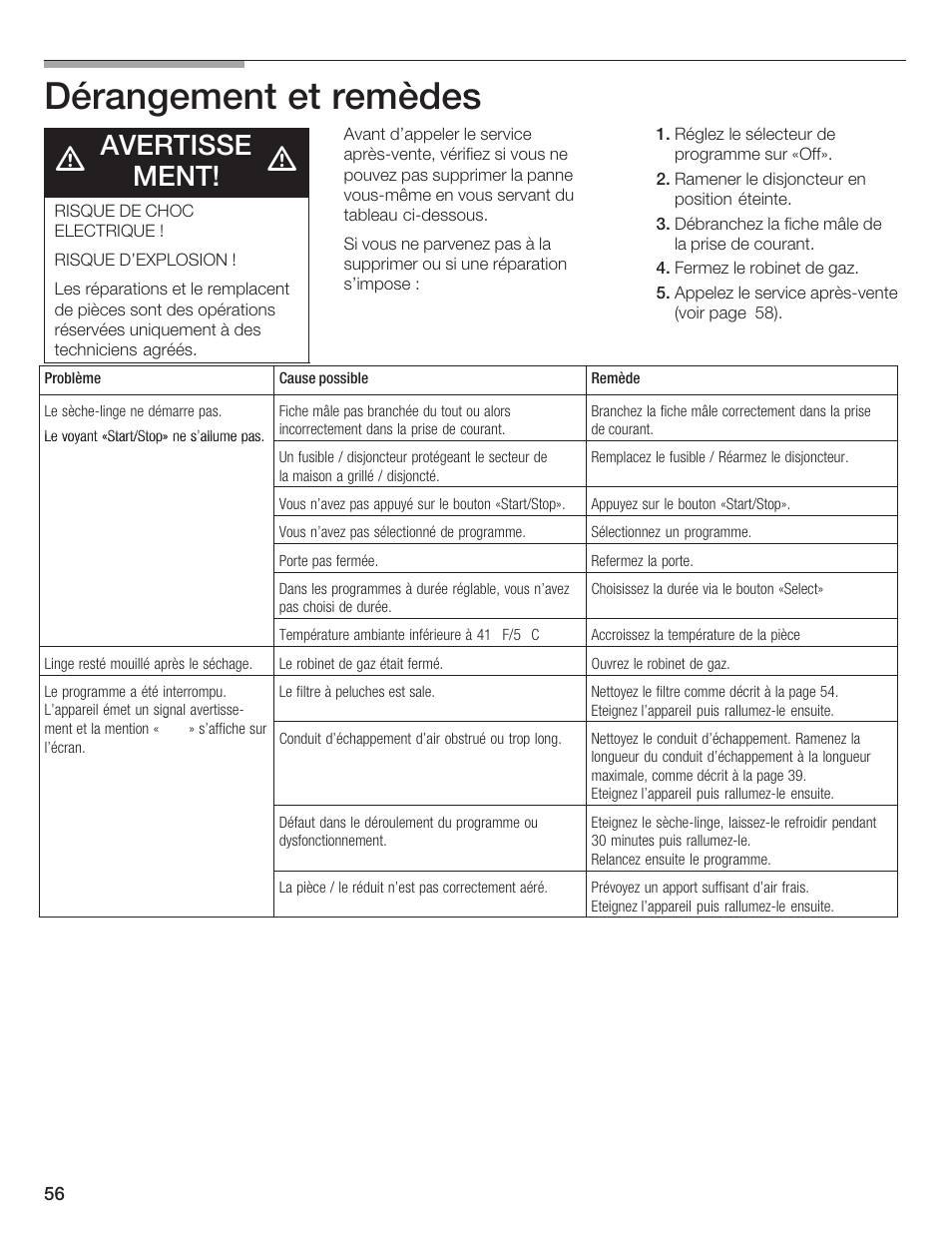 Dérangement et remèdes, Avertisse ment | Bosch WTMC 652SUC User Manual | Page 56 / 96