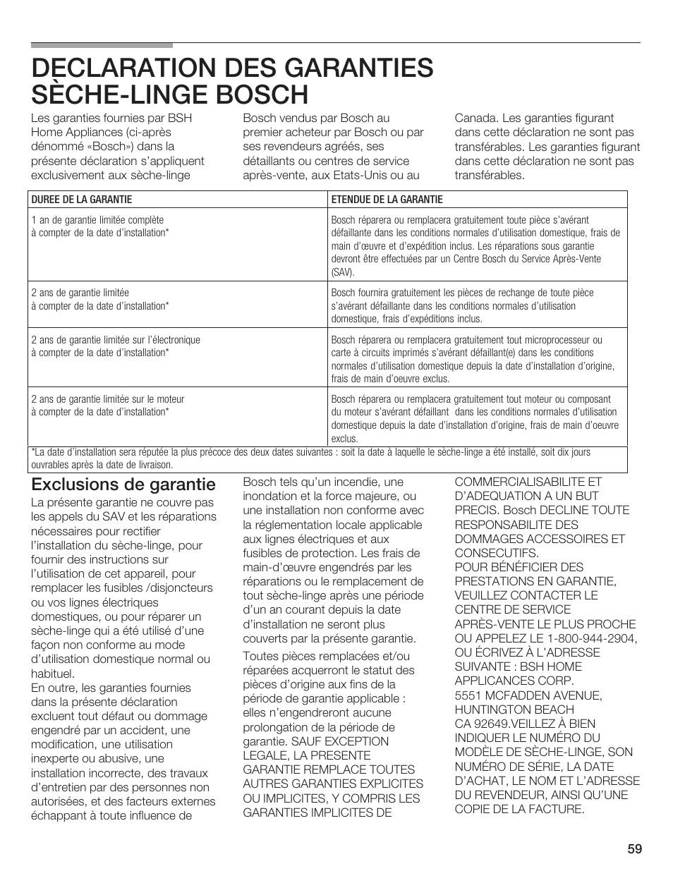 Declaration des garanties sèchećlinge bosch, Exclusions de garantie | Bosch WTMC 652SUC User Manual | Page 59 / 96